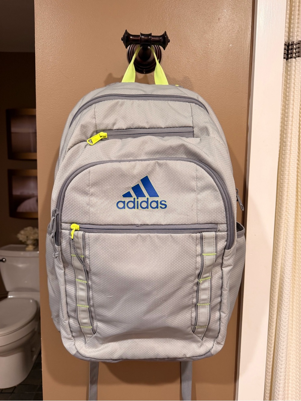 adidas Light Gray Backpack with Blue Logo and Neon Yellow Accents